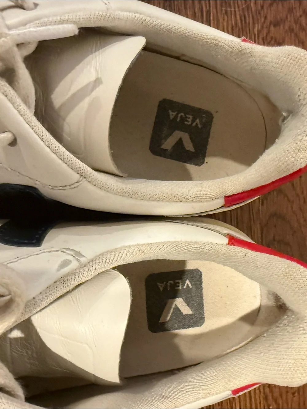 Veja White Sneakers with Navy V and Red Heel Tab